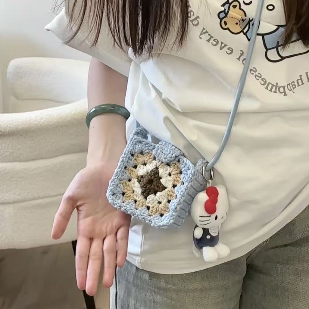 Granny Square Crochet Mini Earphone Crossbody Bag Multi Color