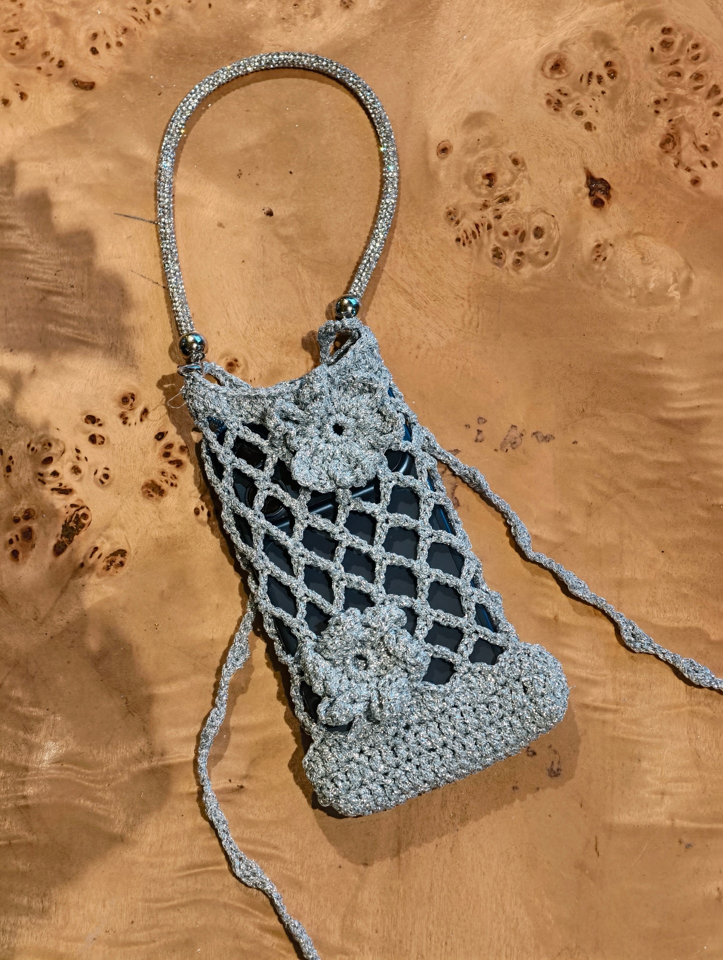 Handmade Shiny Silver Mesh Crochet Phone Bag With Rhinestone Strap