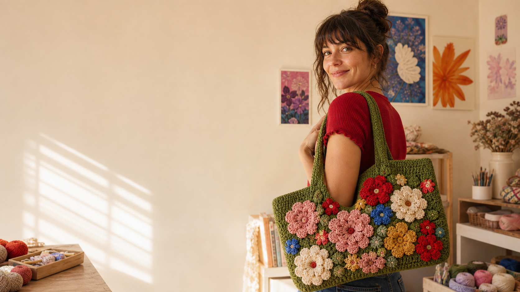 A Mori Knot crochet bag carried in everyday life