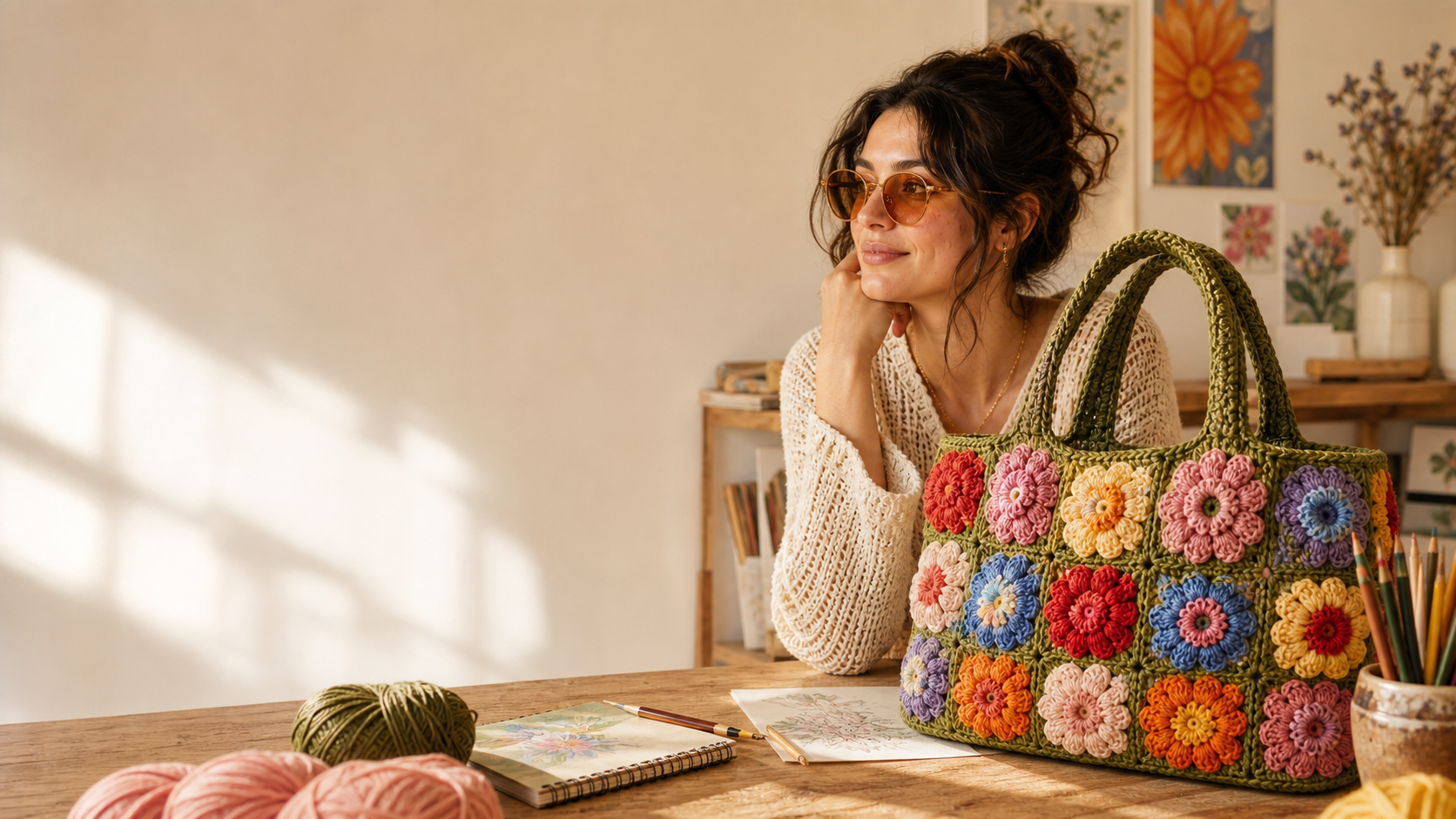 Mori Knot maker working with colorful yarn in the studio