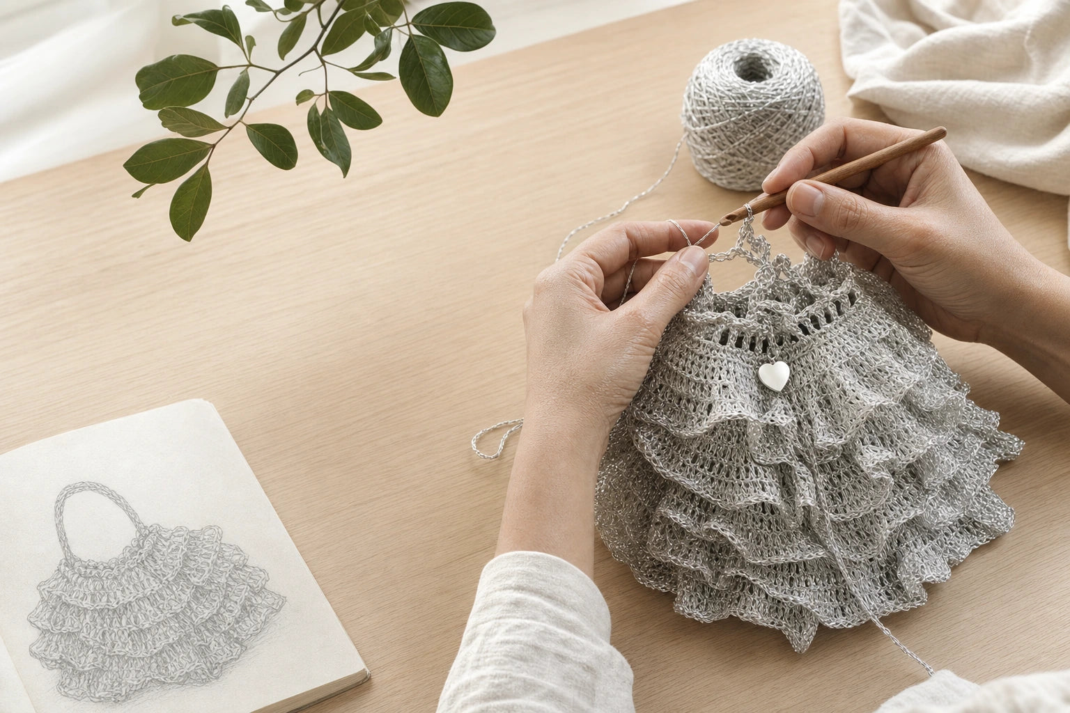 Hands crocheting a Mori Knot bag one stitch at a time