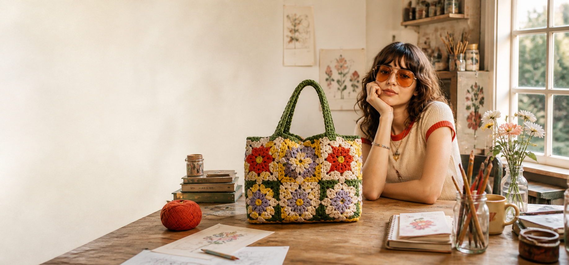 Mori Knot model carrying a colorful handmade crochet flower bag in the studio