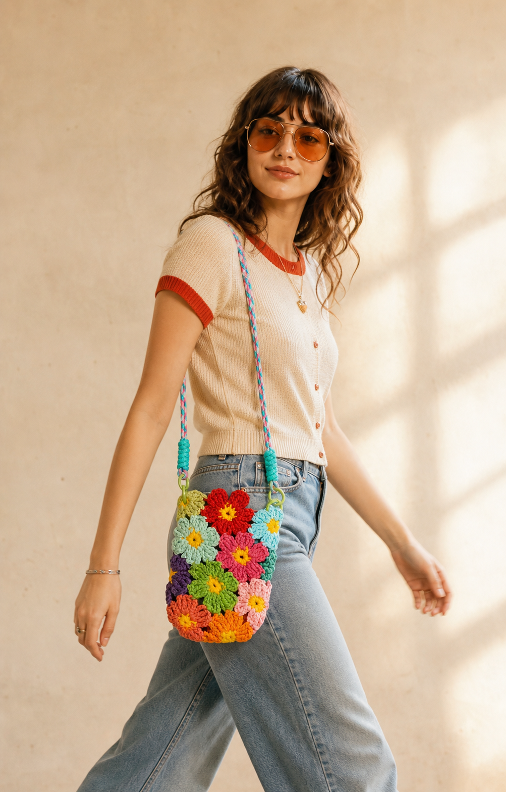 Handmade flower crochet bag styled with color