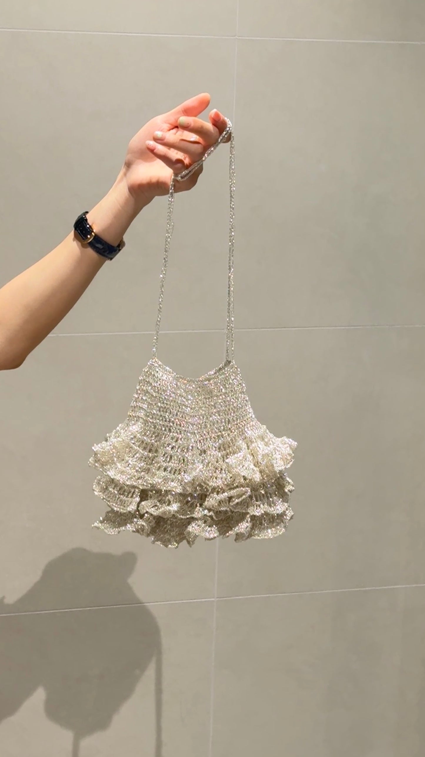 Shiny Silver Ruffle Crochet Mini Chain Shoulder Bag Party Purse