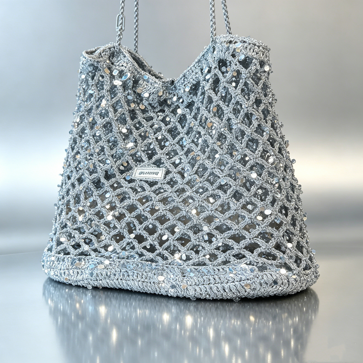 Handmade Sparkly Silver Crochet Mesh Tote Bag