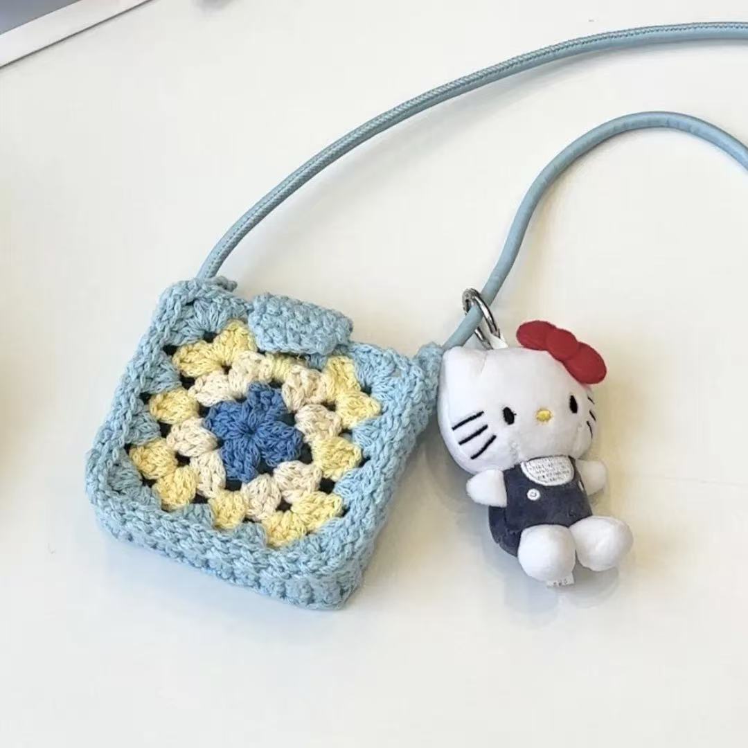 Granny Square Crochet Mini Earphone Crossbody Bag Multi Color
