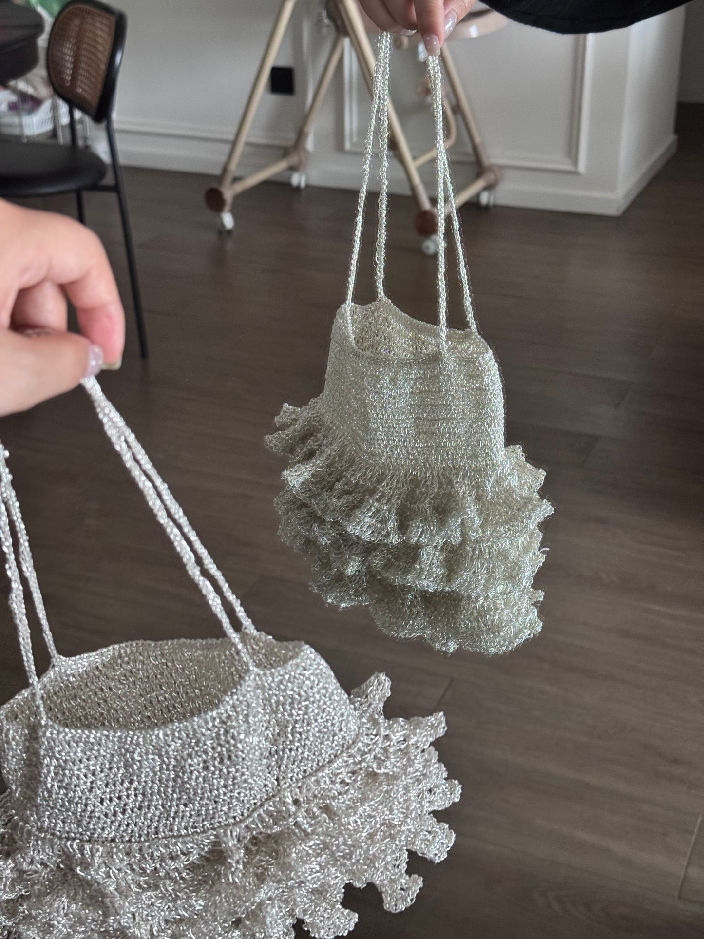 Shiny Silver Ruffle Crochet Mini Chain Shoulder Bag Party Purse