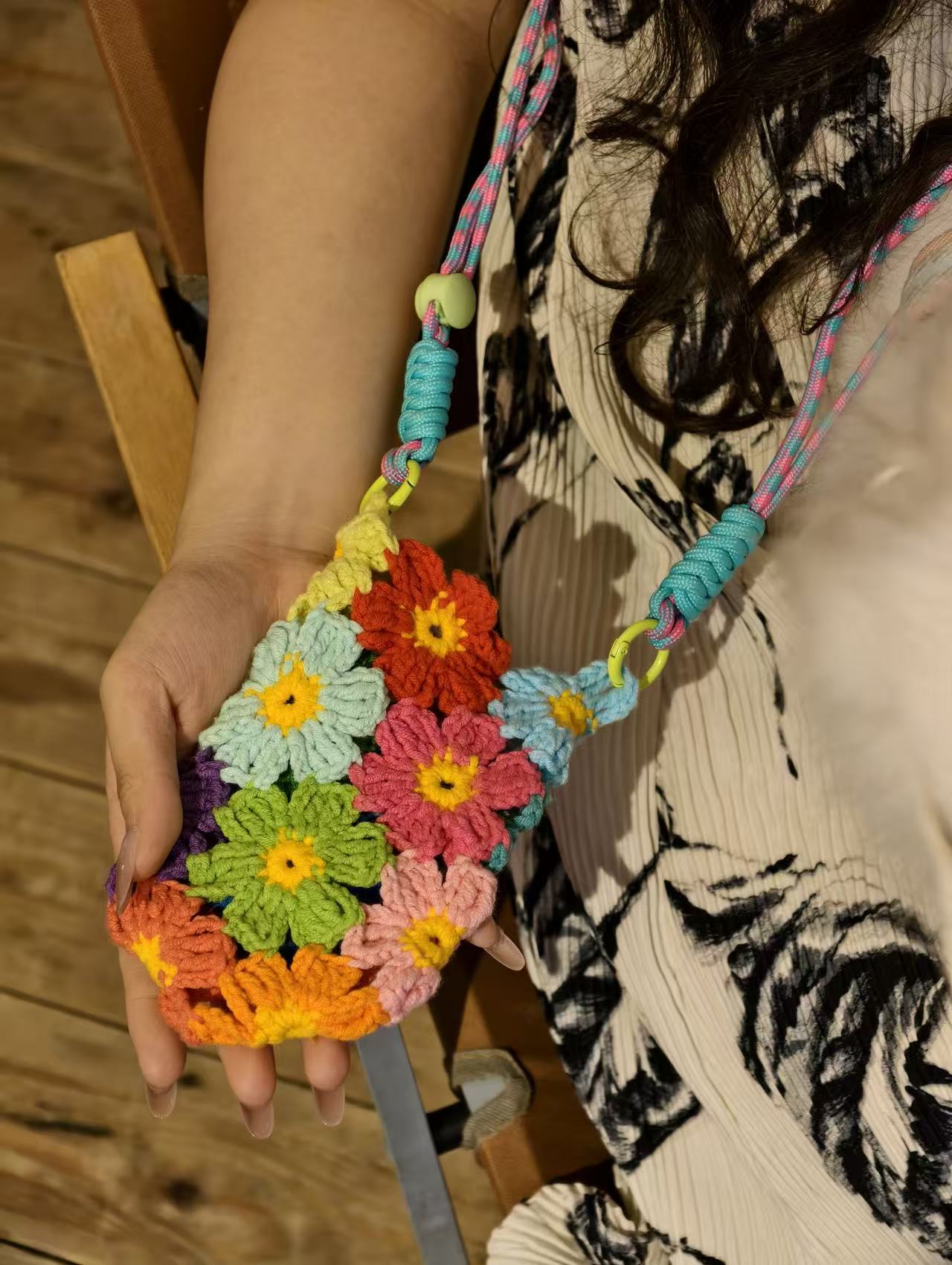 Handmade Multi Color Flower Crochet Mini Phone Crossbody Bag