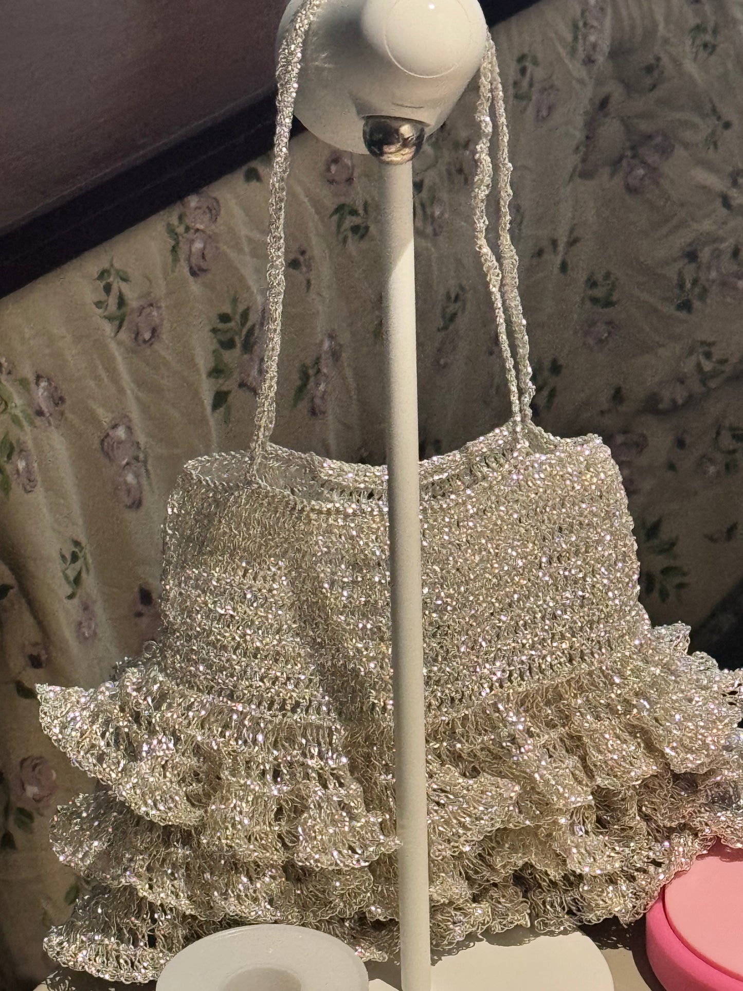 Shiny Silver Ruffle Crochet Mini Chain Shoulder Bag Party Purse