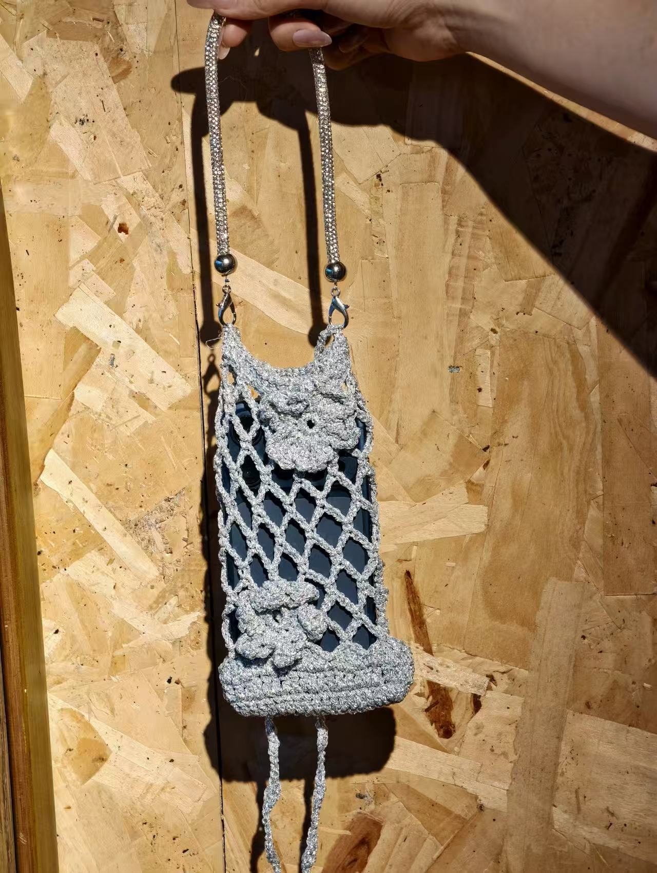 Handmade Shiny Silver Mesh Crochet Phone Bag With Rhinestone Strap