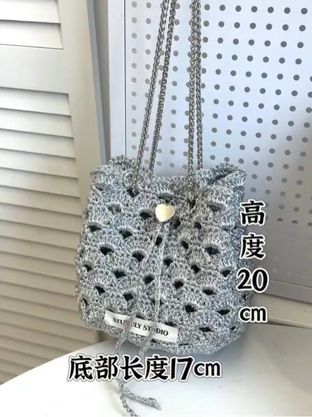 Handmade Gray Hollow Mesh Crochet Mini Bucket Bag
