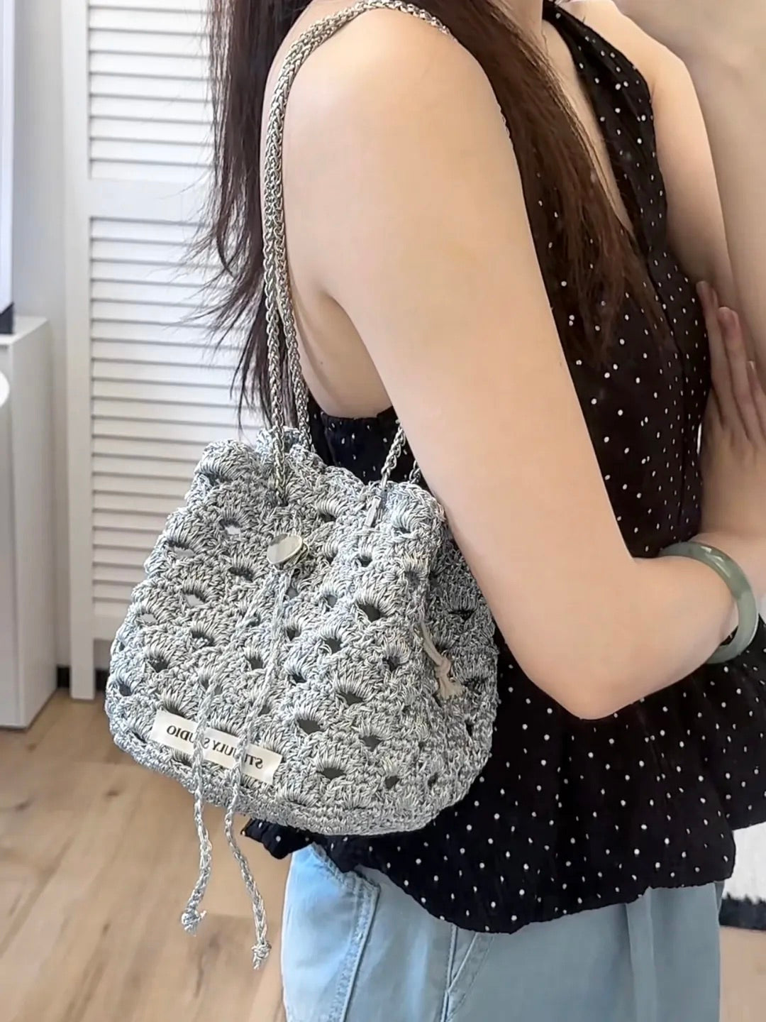Handmade Gray Hollow Mesh Crochet Mini Bucket Bag