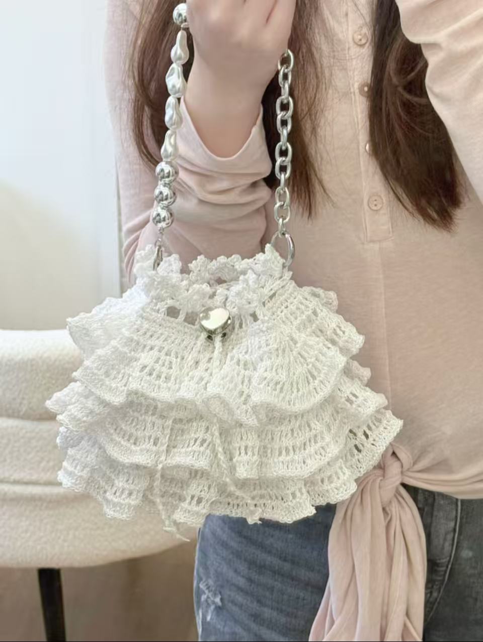 Crochet Cake Ballet Bag DIY Kit & Finished Product Ruffle Drawstring Crossbody Bag