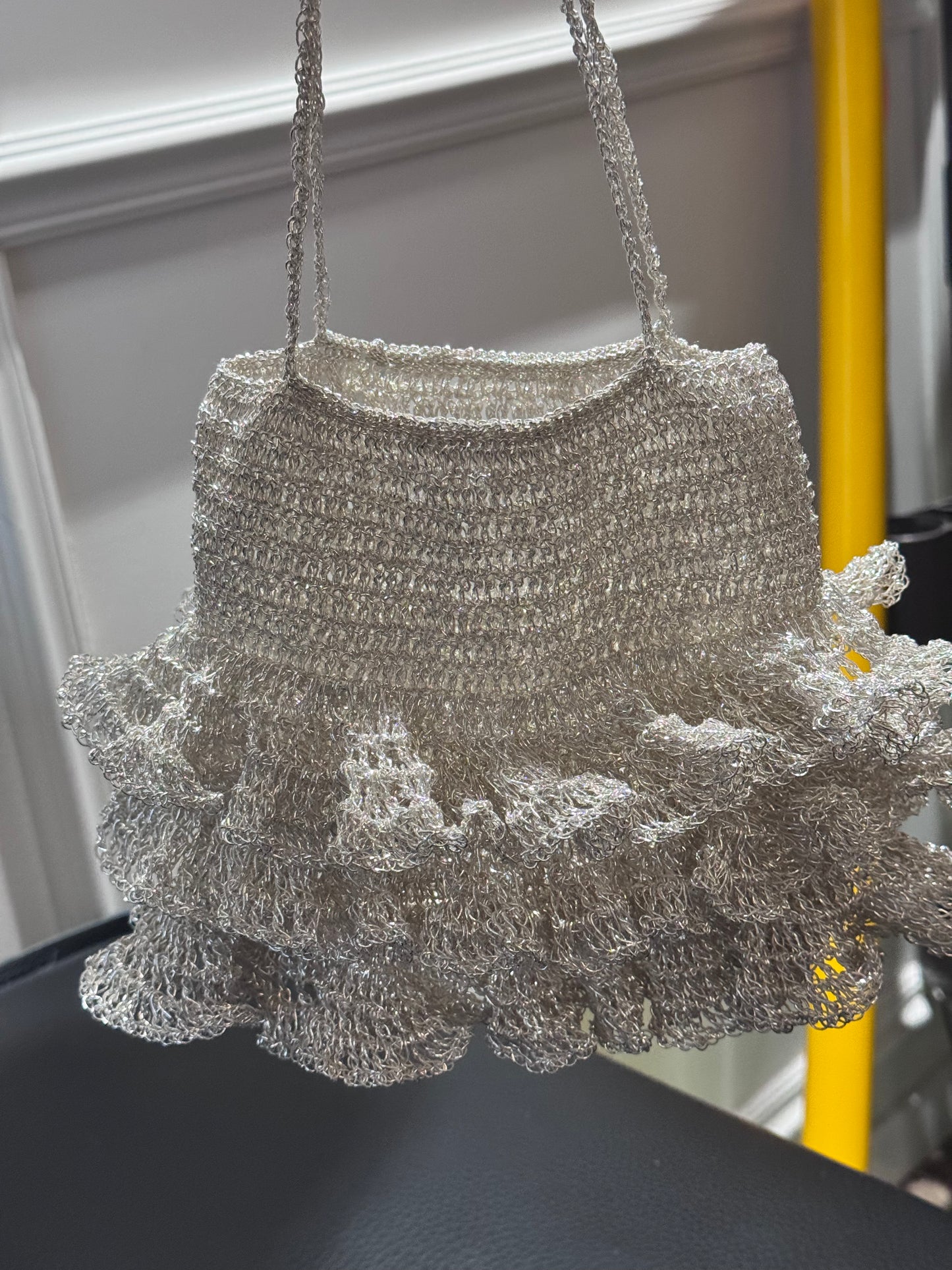 Shiny Silver Ruffle Crochet Mini Chain Shoulder Bag Party Purse