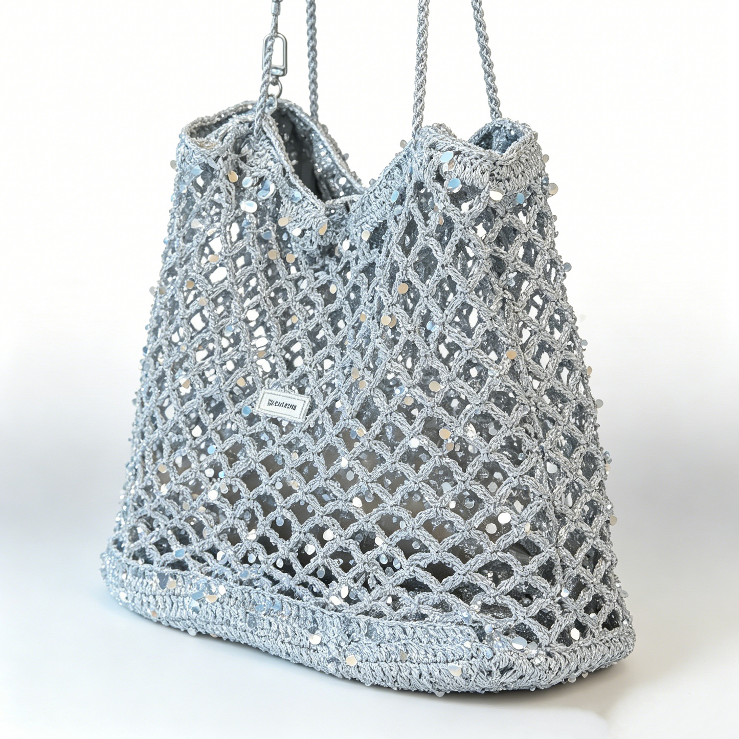 Handmade Sparkly Silver Crochet Mesh Tote Bag