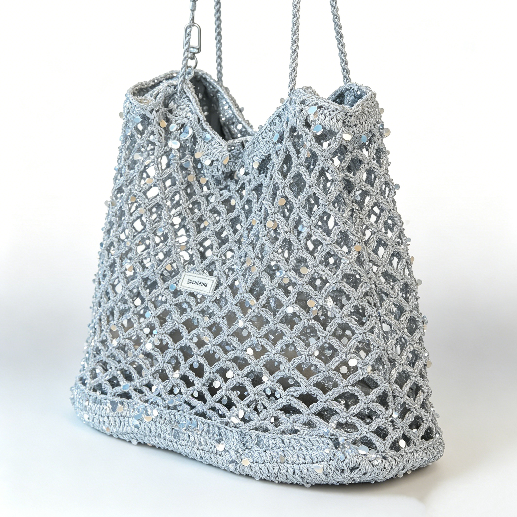 Handmade Sparkly Silver Crochet Mesh Tote Bag