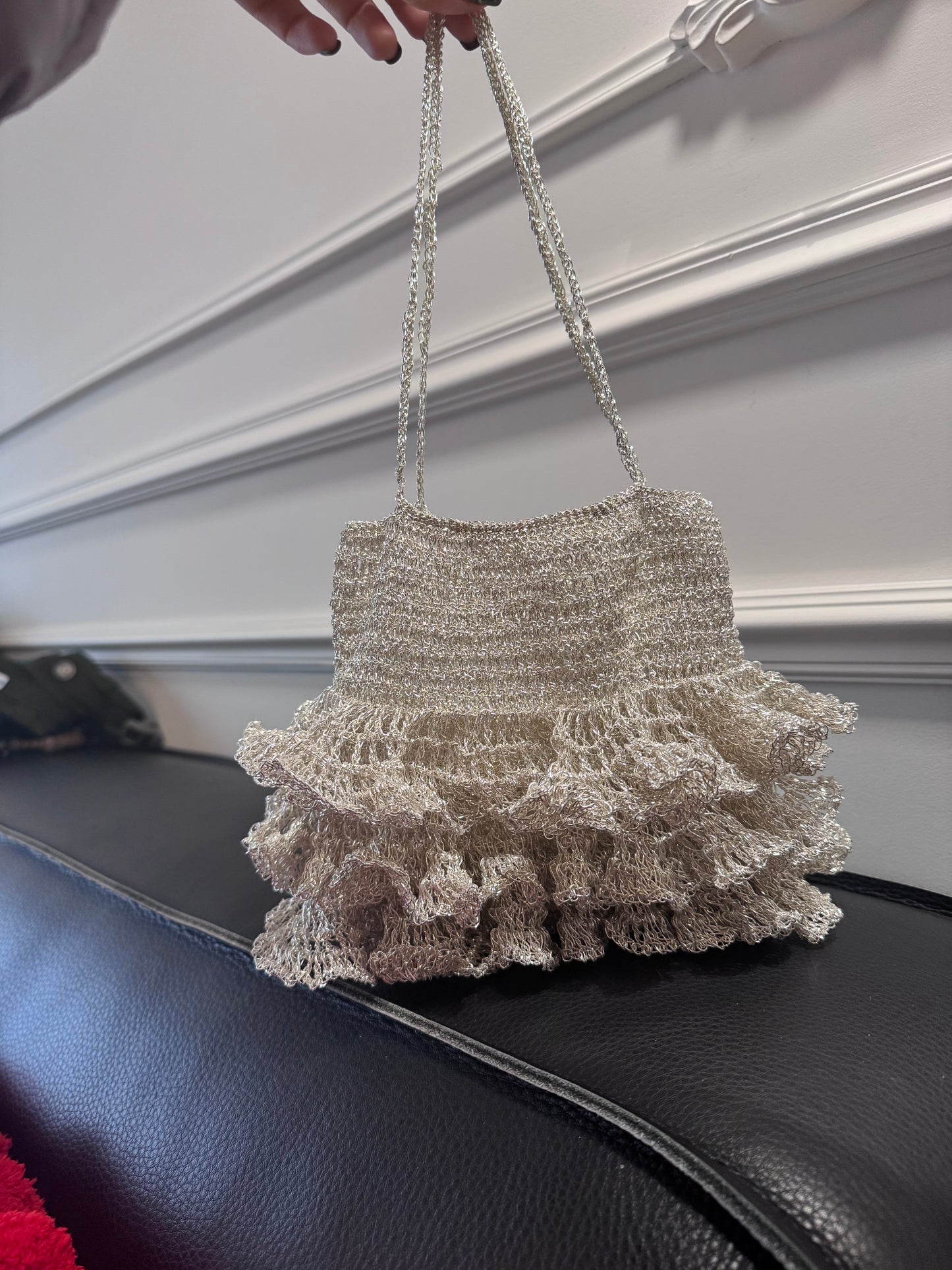 Shiny Silver Ruffle Crochet Mini Chain Shoulder Bag Party Purse