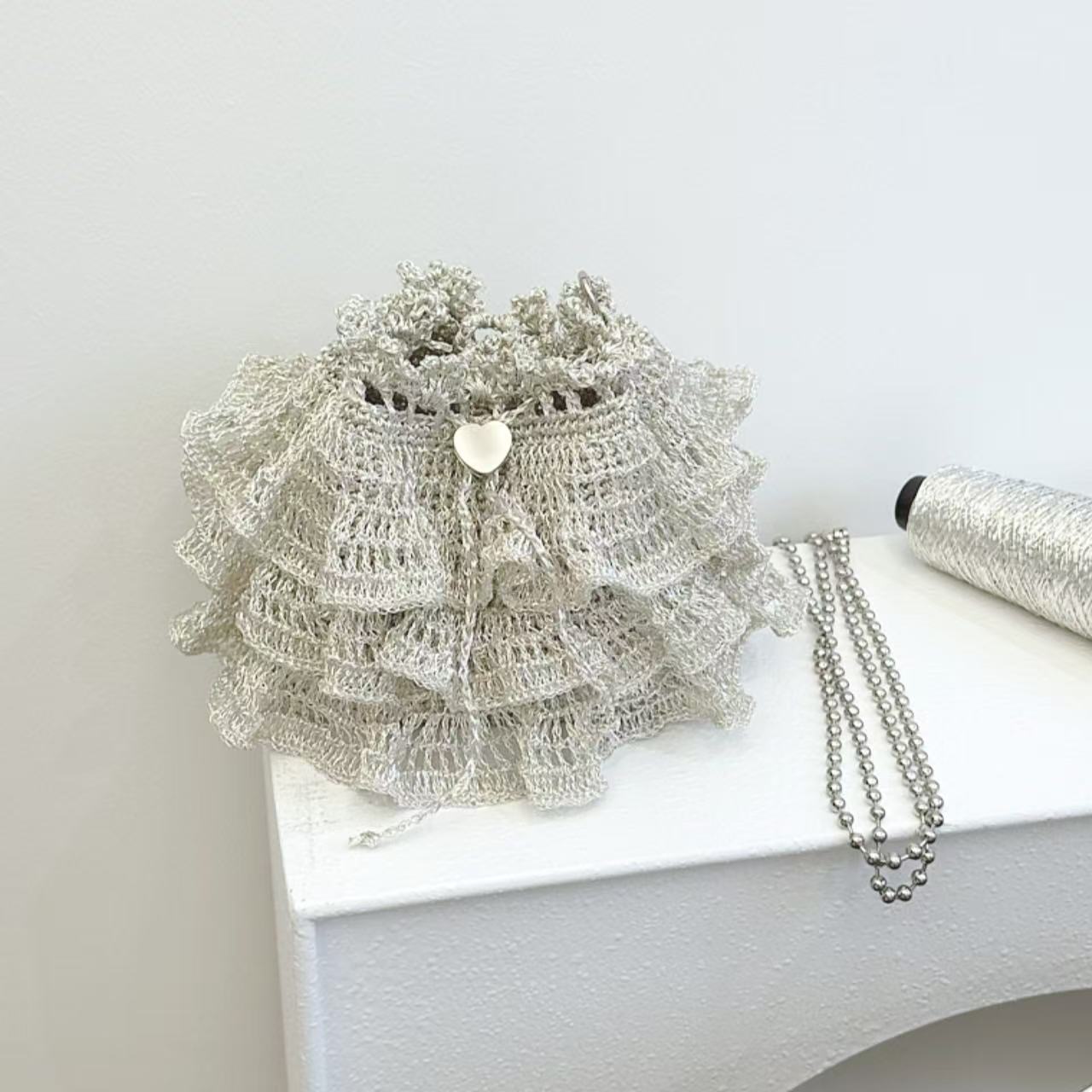 Ballet Dress Ruffle Shiny Silver Crochet Drawstring Mini Bag