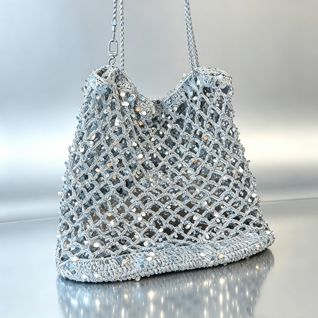 Handmade Sparkly Silver Crochet Mesh Tote Bag
