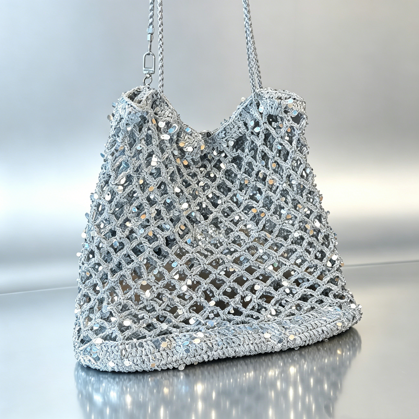 Handmade Sparkly Silver Crochet Mesh Tote Bag