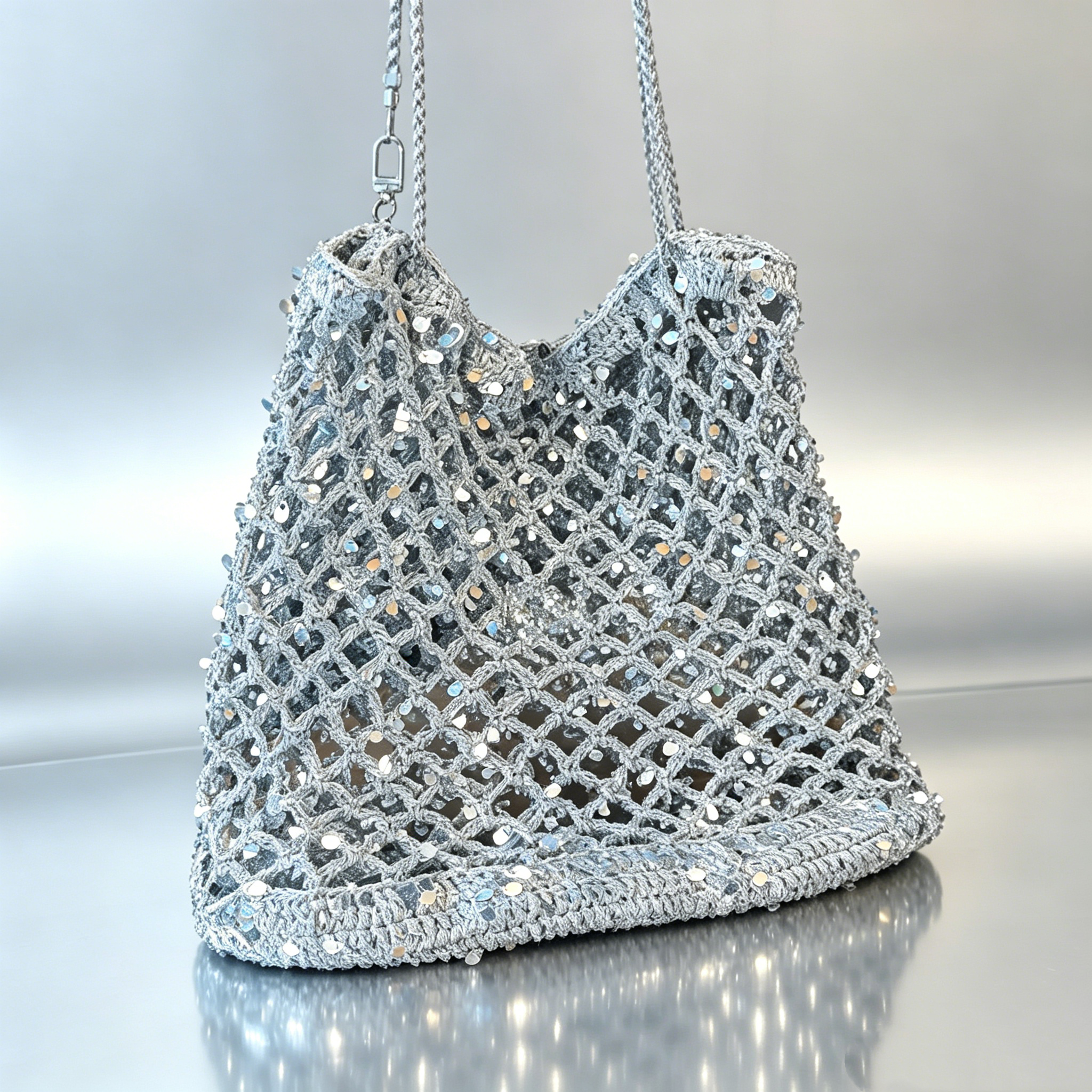 Handmade Sparkly Silver Crochet Mesh Tote Bag