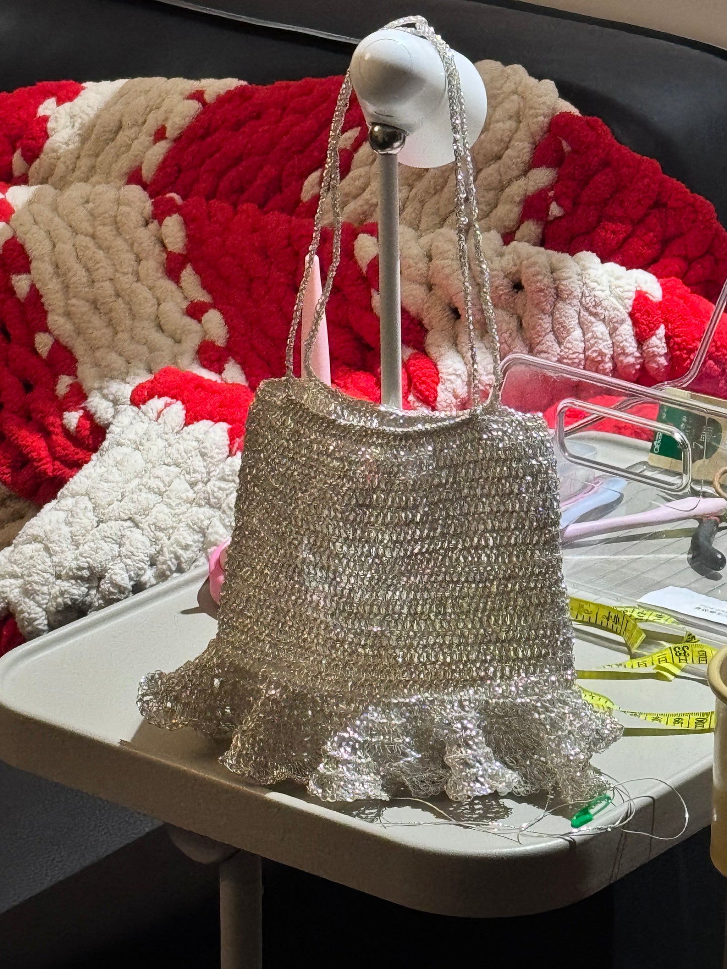 Shiny Silver Ruffle Crochet Mini Chain Shoulder Bag Party Purse