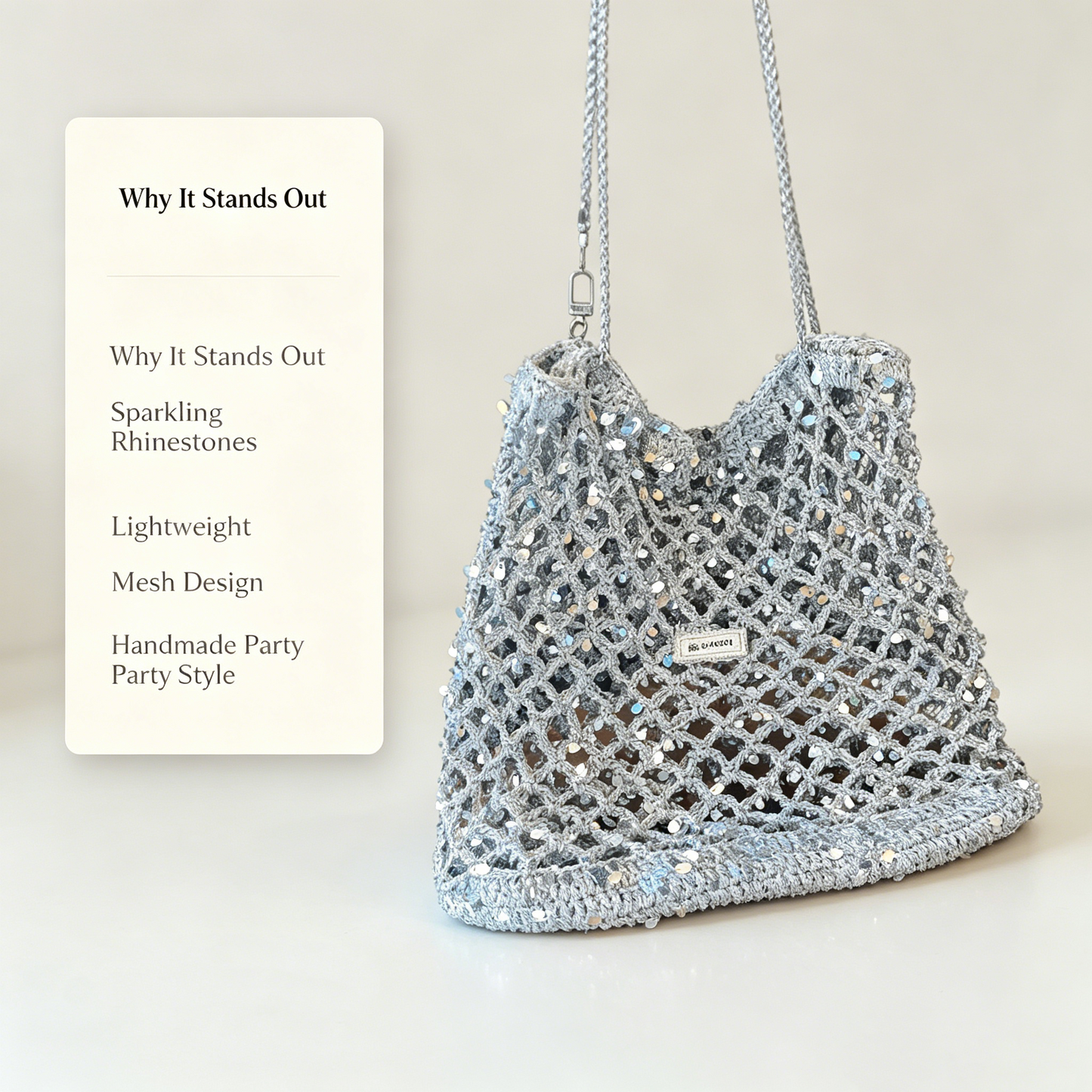 Handmade Sparkly Silver Crochet Mesh Tote Bag