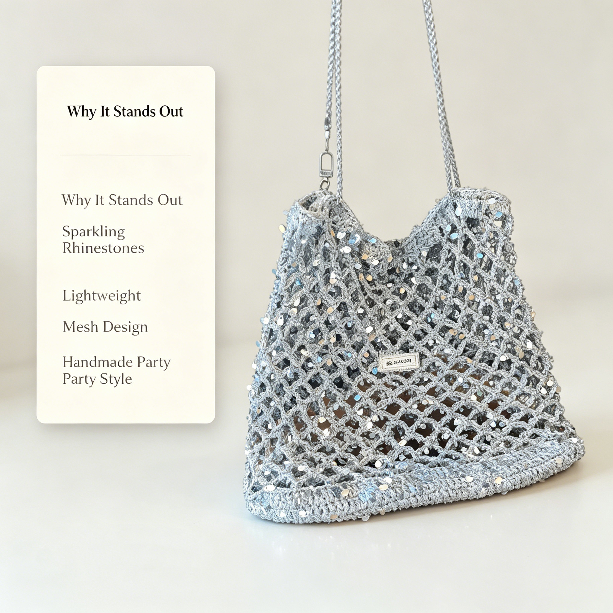 Handmade Sparkly Silver Crochet Mesh Tote Bag