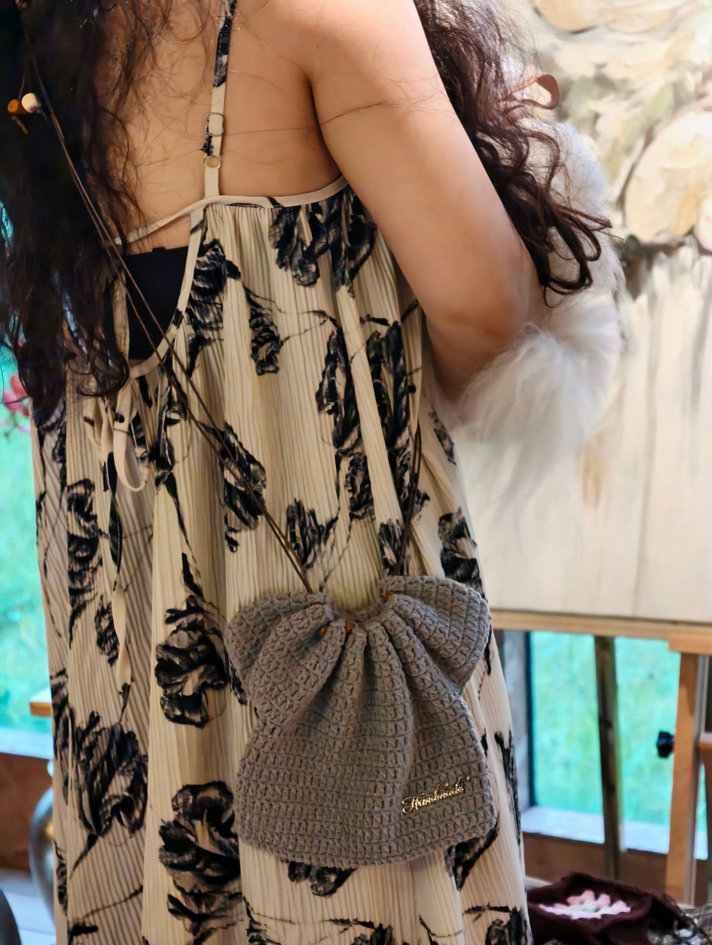 Handmade Solid Gray Crochet Drawstring Mini Crossbody Bag
