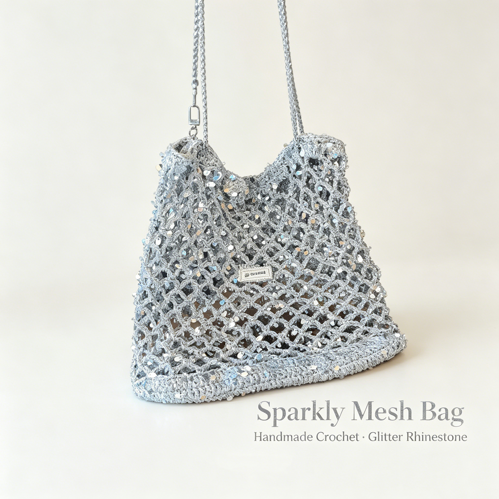 Handmade Sparkly Silver Crochet Mesh Tote Bag