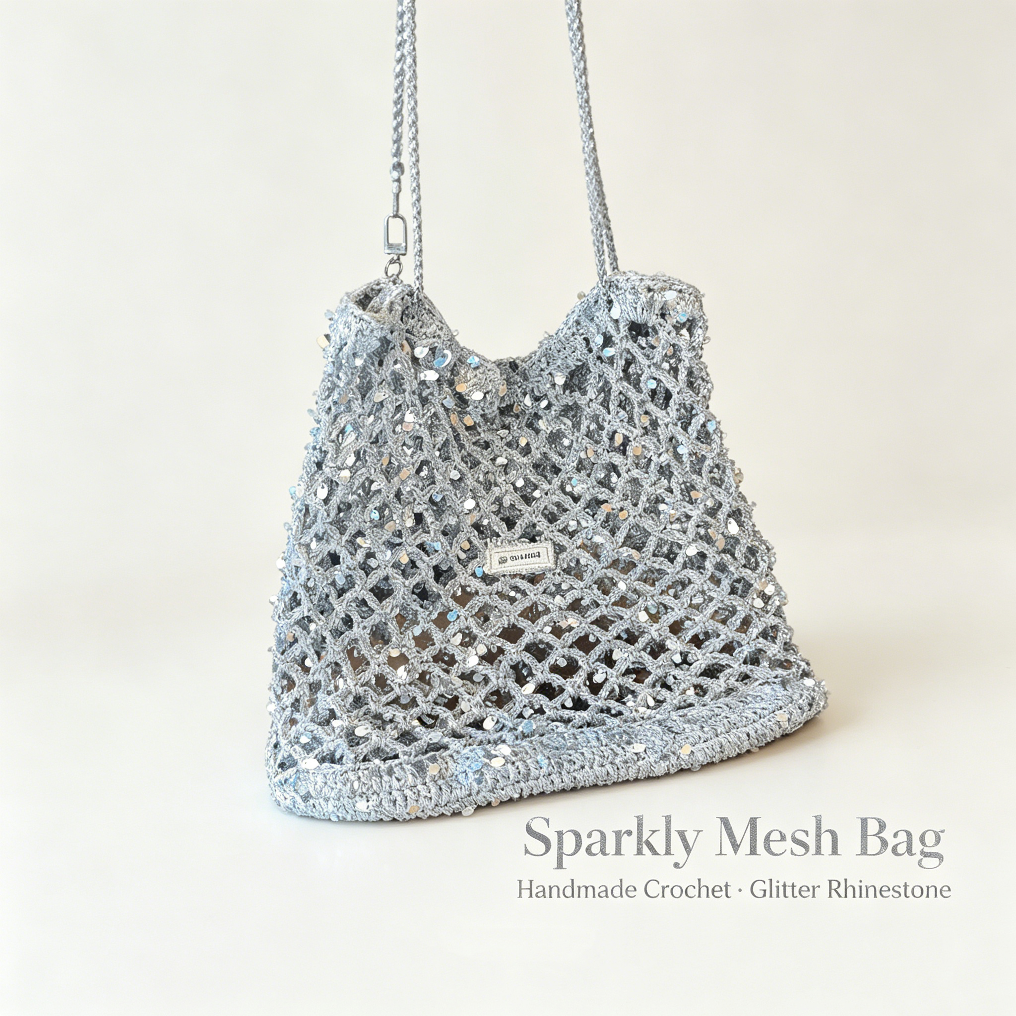 Handmade Sparkly Silver Crochet Mesh Tote Bag