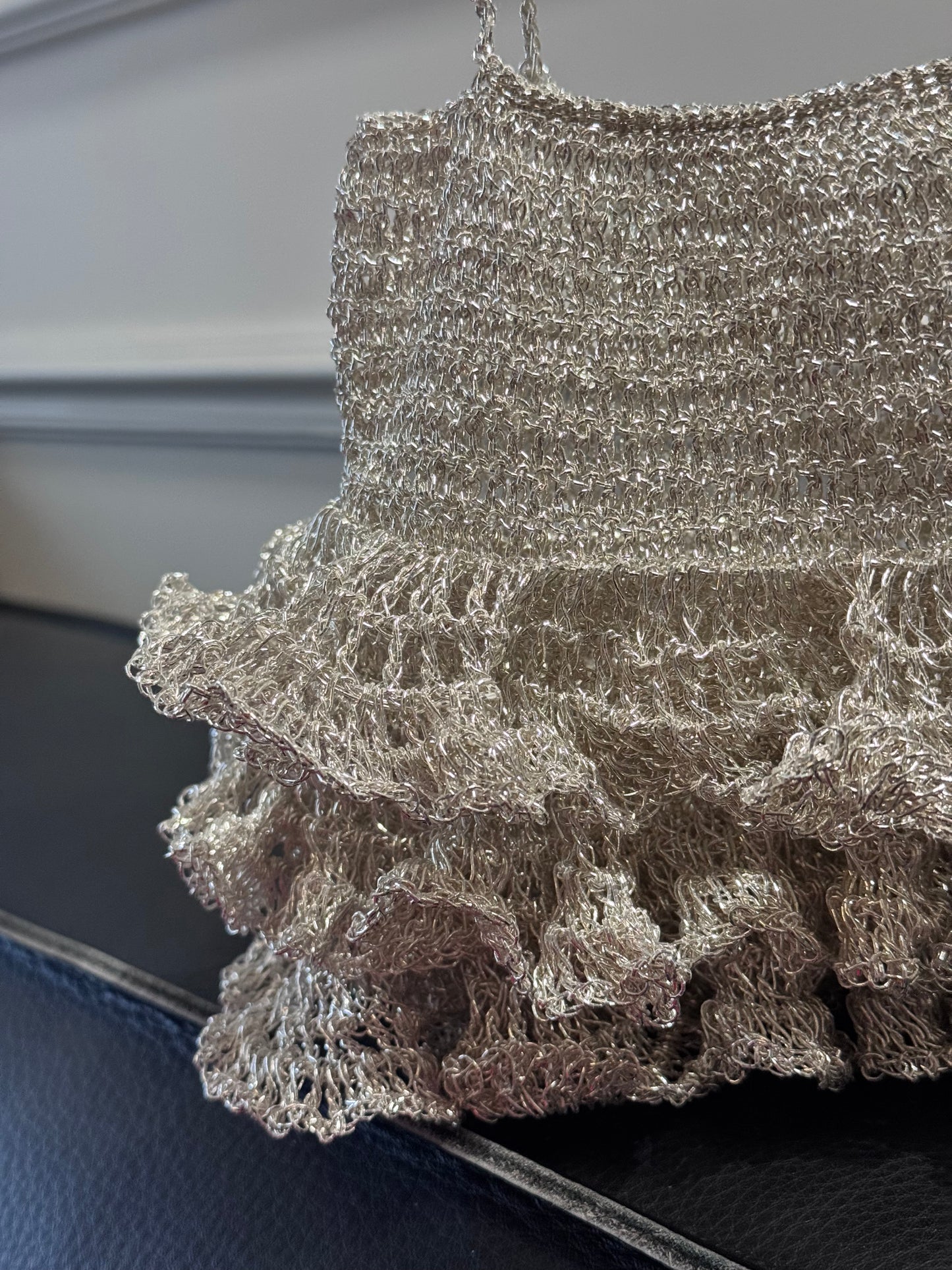 Shiny Silver Ruffle Crochet Mini Chain Shoulder Bag Party Purse