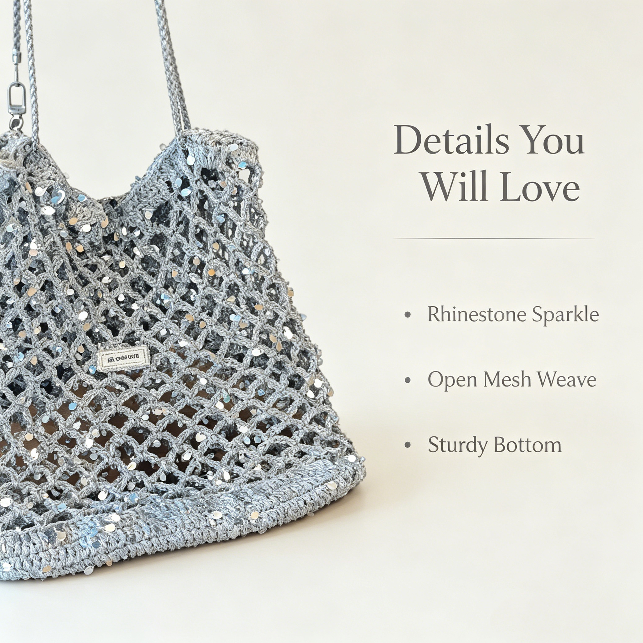Handmade Sparkly Silver Crochet Mesh Tote Bag