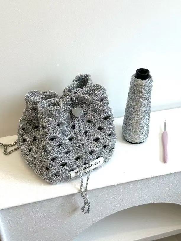 Handmade Gray Hollow Mesh Crochet Mini Bucket Bag
