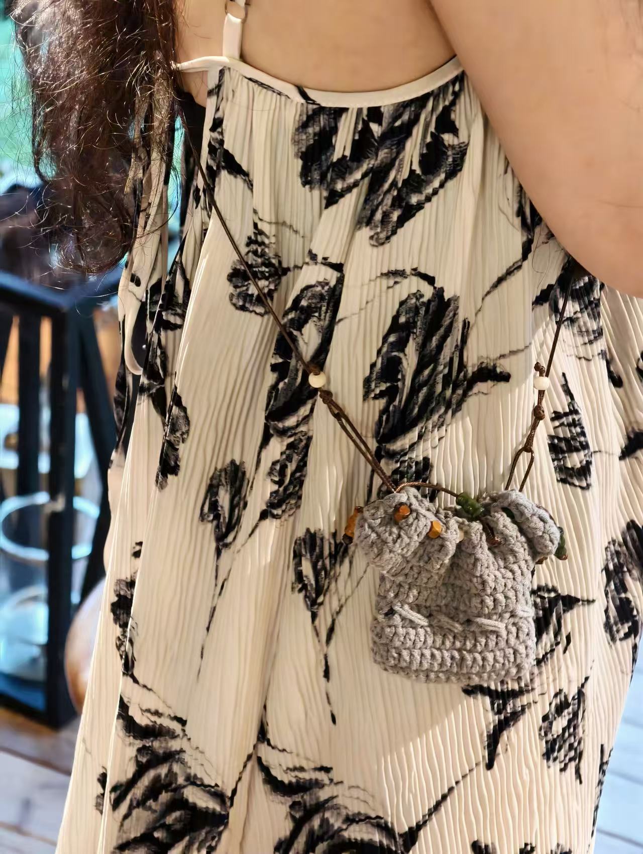 Handmade Solid Gray Crochet Drawstring Mini Crossbody Bag