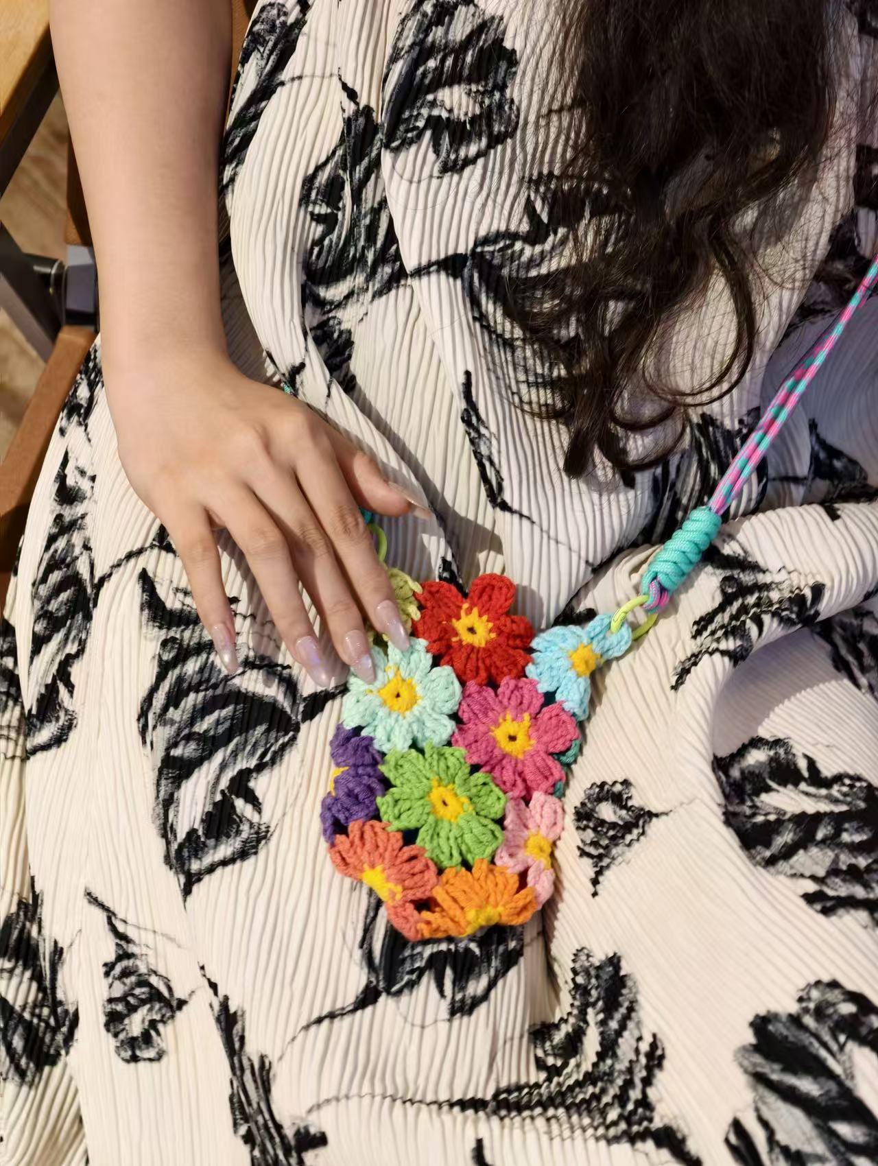 Handmade Multi Color Flower Crochet Mini Phone Crossbody Bag
