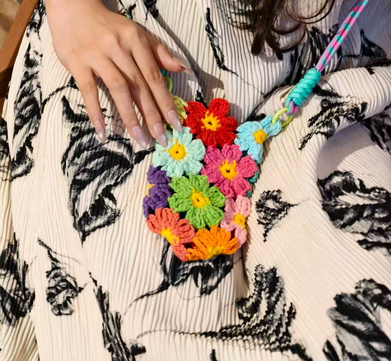 Handmade Multi Color Flower Crochet Mini Phone Crossbody Bag