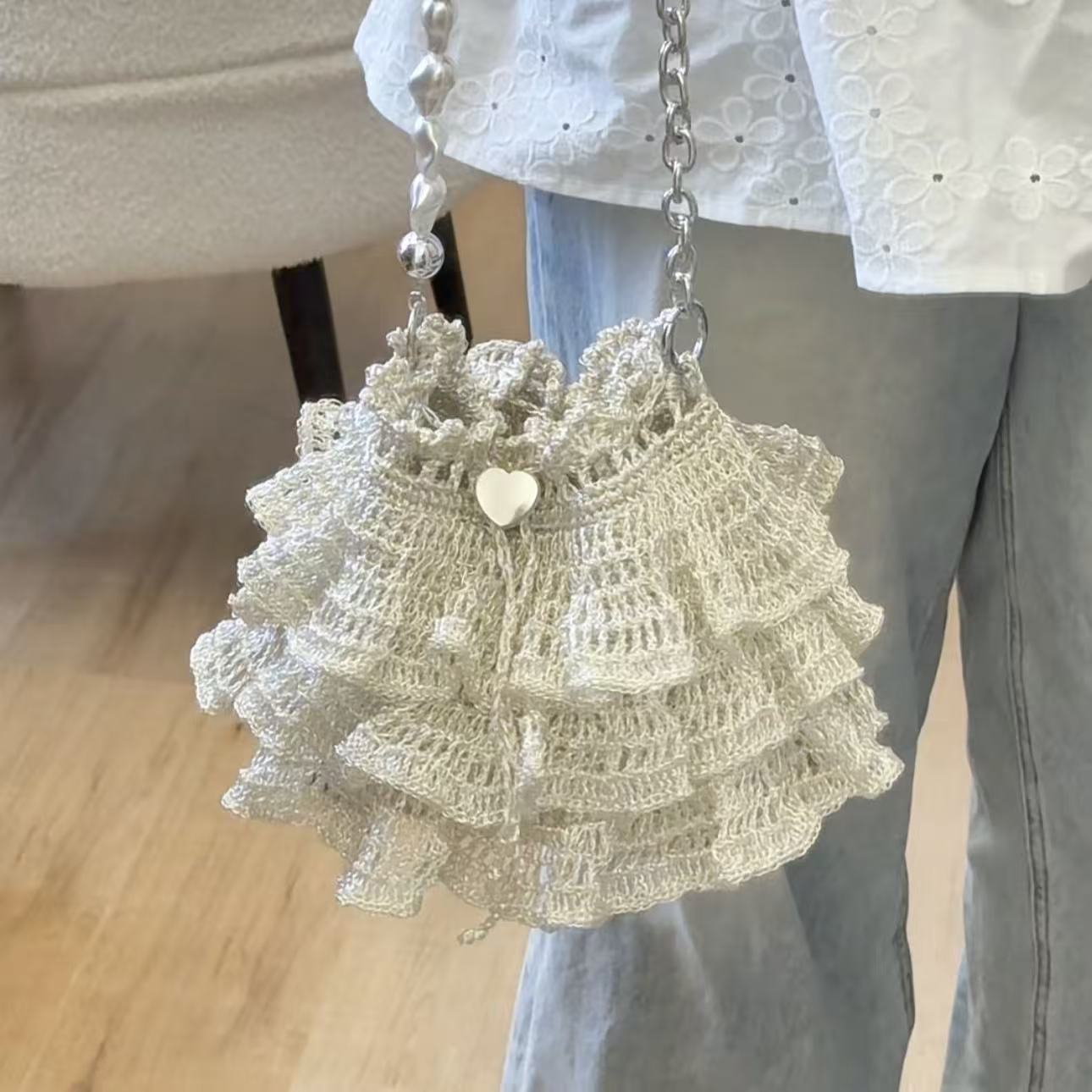 Ballet Dress Ruffle Shiny Silver Crochet Drawstring Mini Bag