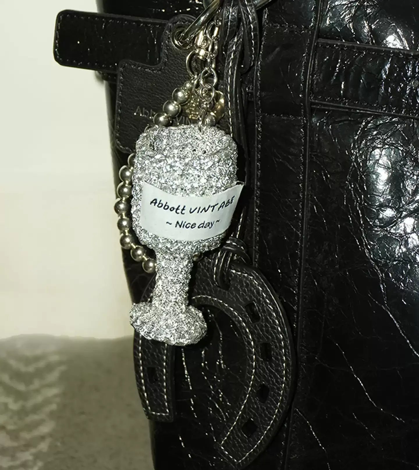 Vintage Woven Glitter Wine Glass Bag Charm Keychain