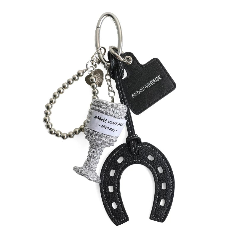 Vintage Woven Glitter Wine Glass Bag Charm Keychain