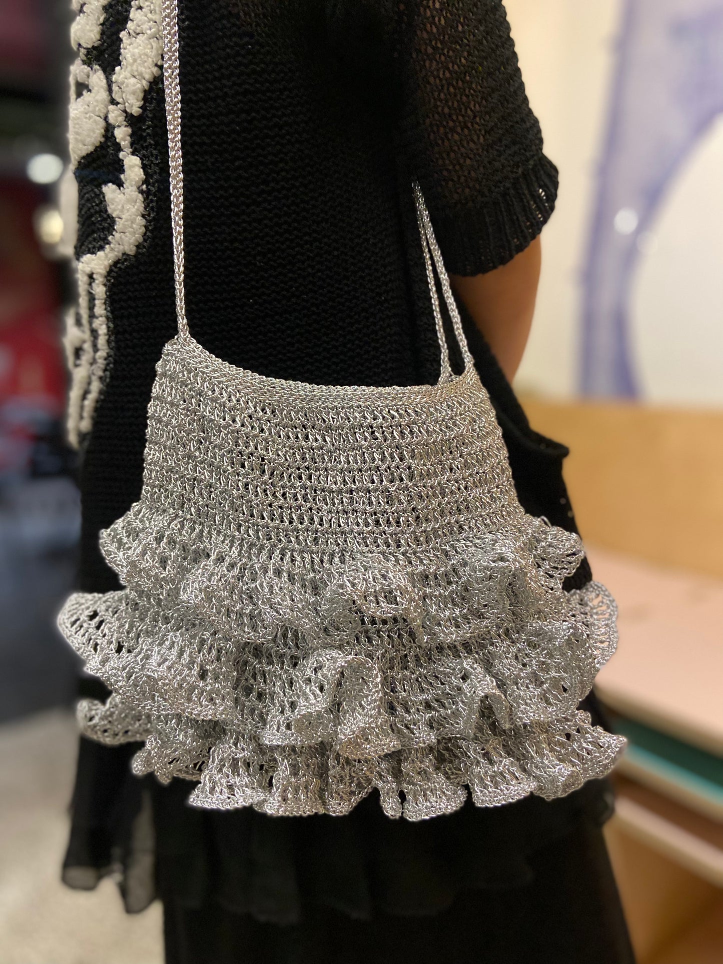 Shiny Silver Ruffle Crochet Mini Chain Shoulder Bag Party Purse