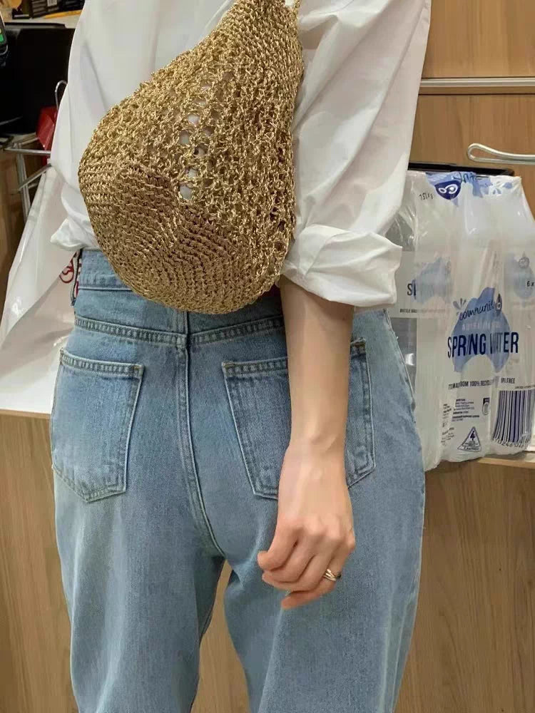 Metallic Gold Thread Crochet Hollow Shoulder Bag Summer Beach Tote