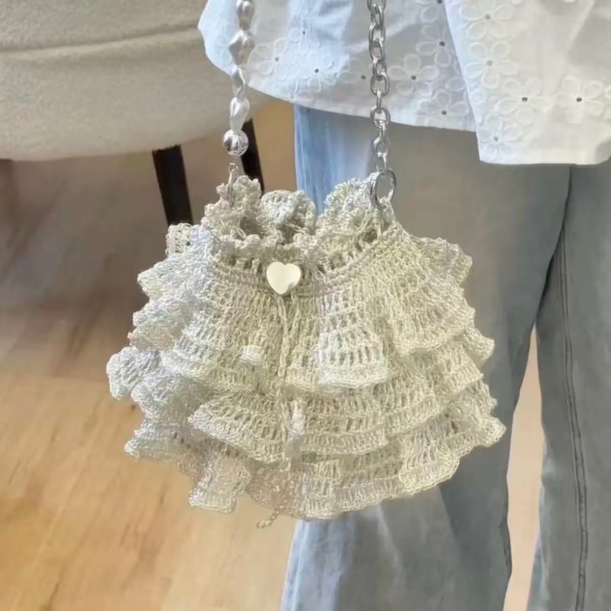 Shiny Silver Ruffle Ballet Dress Crochet Drawstring Mini Bag