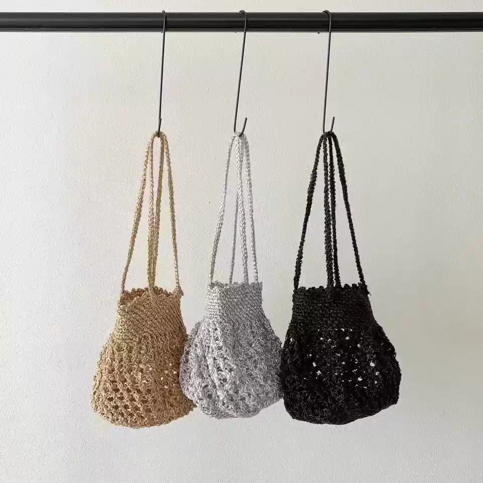 Metallic Gold Thread Crochet Hollow Shoulder Bag Summer Beach Tote