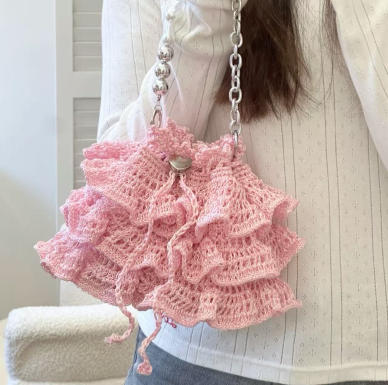 Crochet Cake Ballet Bag DIY Kit & Finished Product Ruffle Drawstring Crossbody Bag