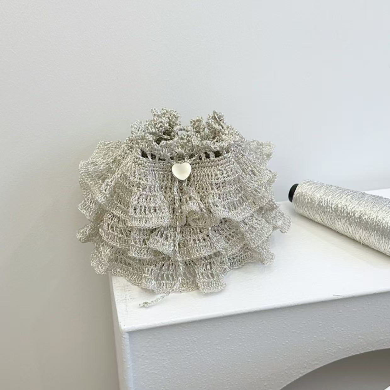 Ballet Dress Ruffle Shiny Silver Crochet Drawstring Mini Bag