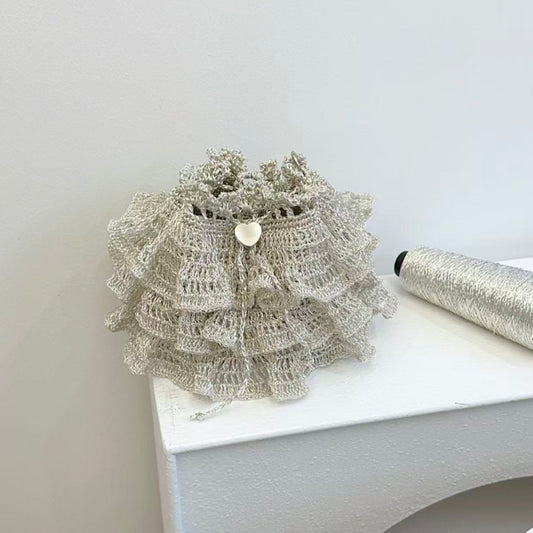 Ballet Dress Ruffle Shiny Silver Crochet Drawstring Mini Bag