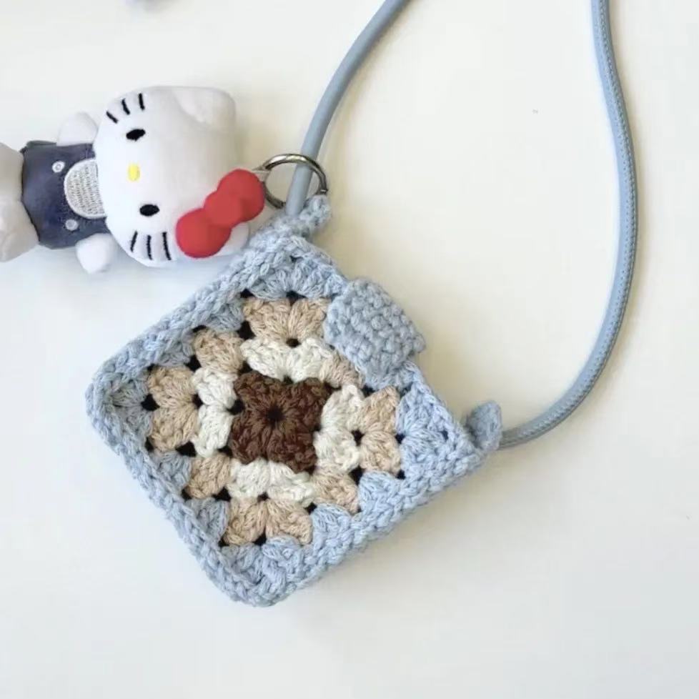 Granny Square Crochet Mini Earphone Crossbody Bag Multi Color