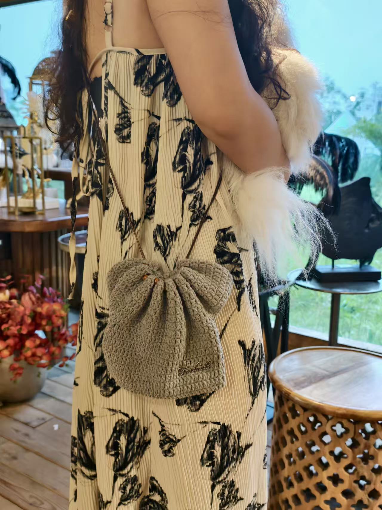 Handmade Solid Gray Crochet Drawstring Mini Crossbody Bag