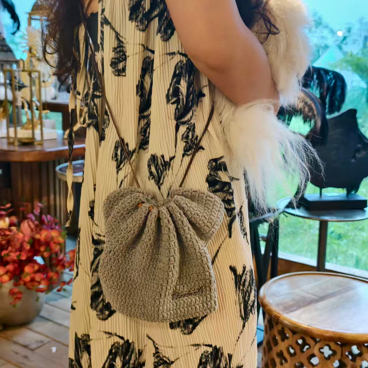 Handmade Solid Gray Crochet Drawstring Mini Crossbody Bag
